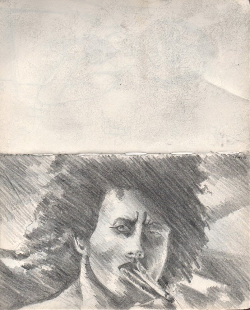 Graphite drawing of bob marley(?) smoking
