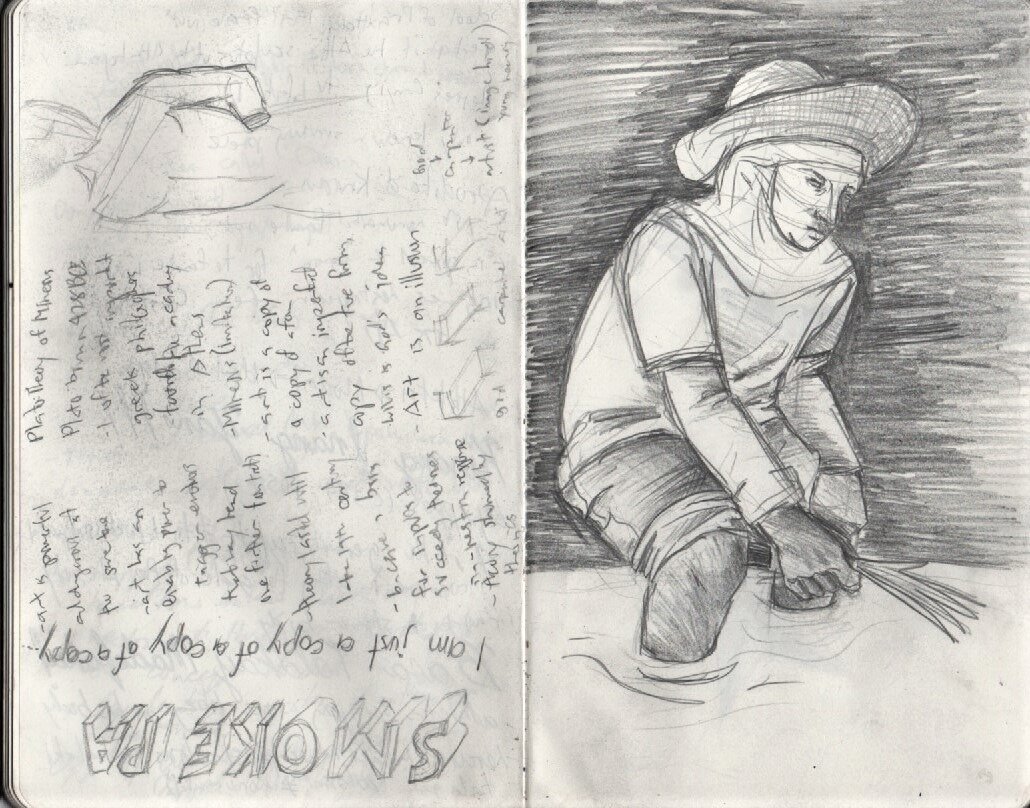 Graphite doodle of a farmer on a sketchbook with random notes on the left side of the page