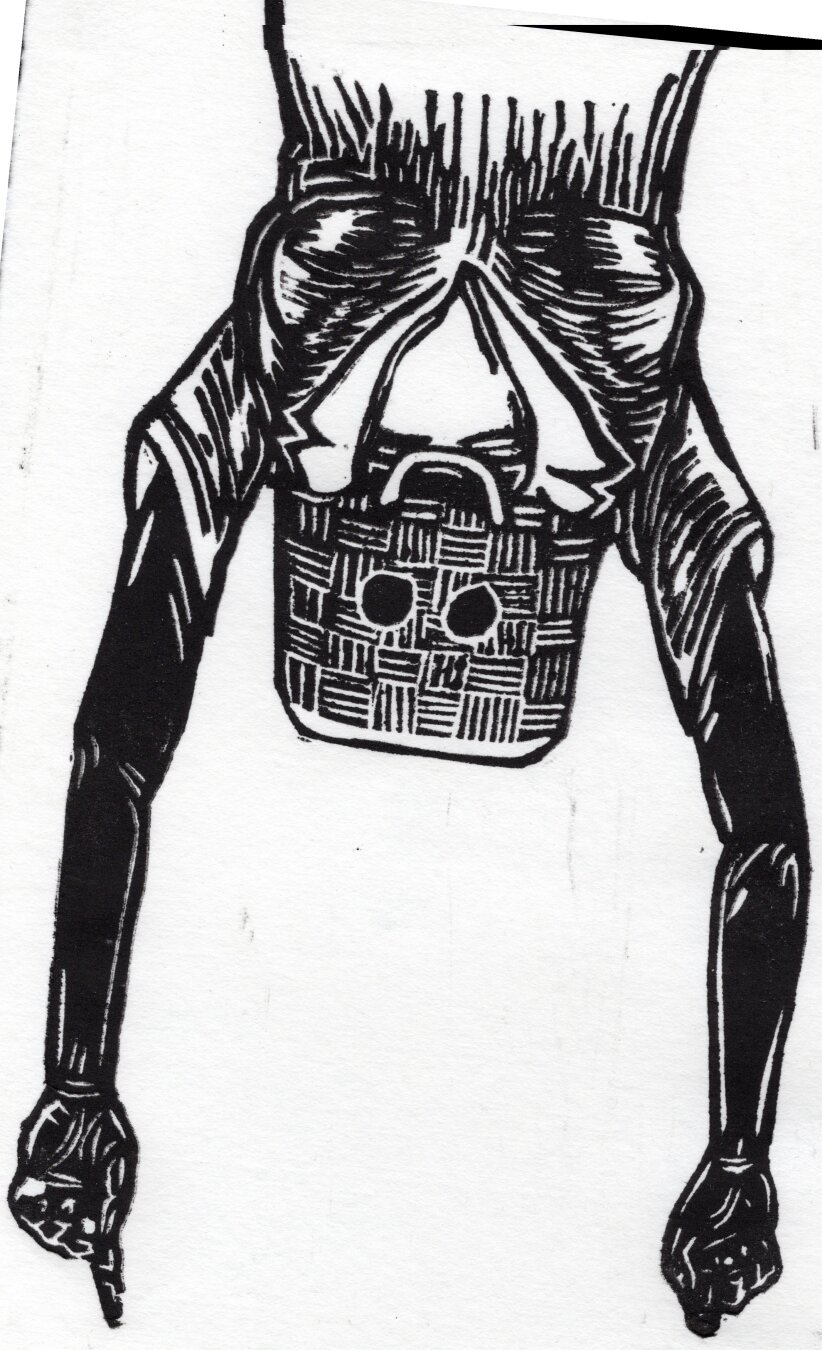 linocut print of a person, upside down with a bayong bag covering their head. referencing to the makapilis in the philippines during WW2 who collaborated with the invading japanese soldiers in searching and capturing freedom fighters.