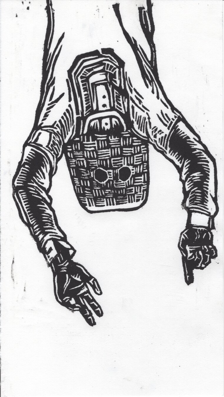 linocut print of a person wearing a barong tagalog, upside down with a bayong bag covering their head. referencing to the makapilis in the philippines during WW2 who collaborated with the invading japanese soldiers in searching and capturing freedom fighters.