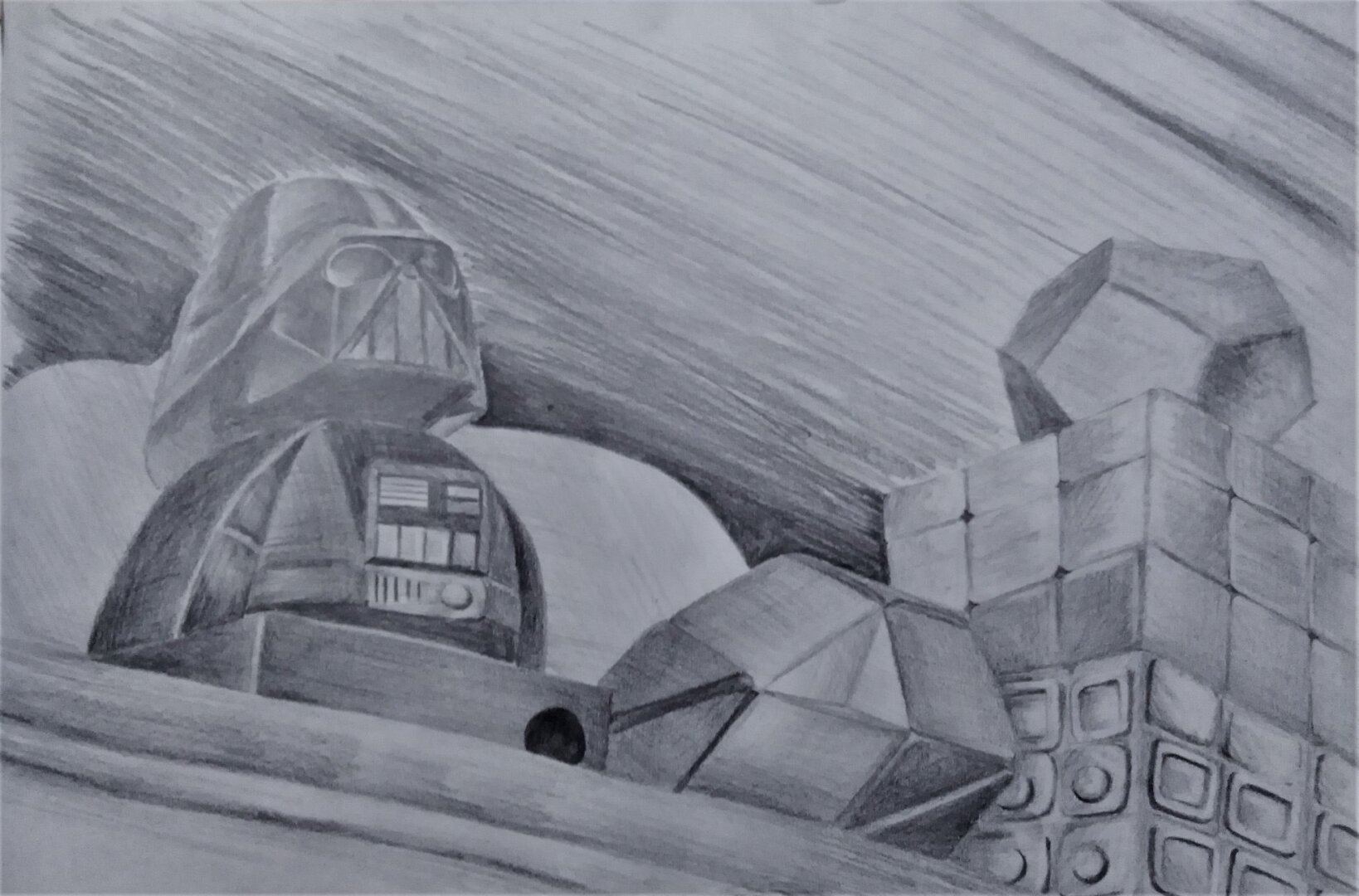 graphite drawing of various toys and puzzles darth vader, rubik's cube, and megaminx