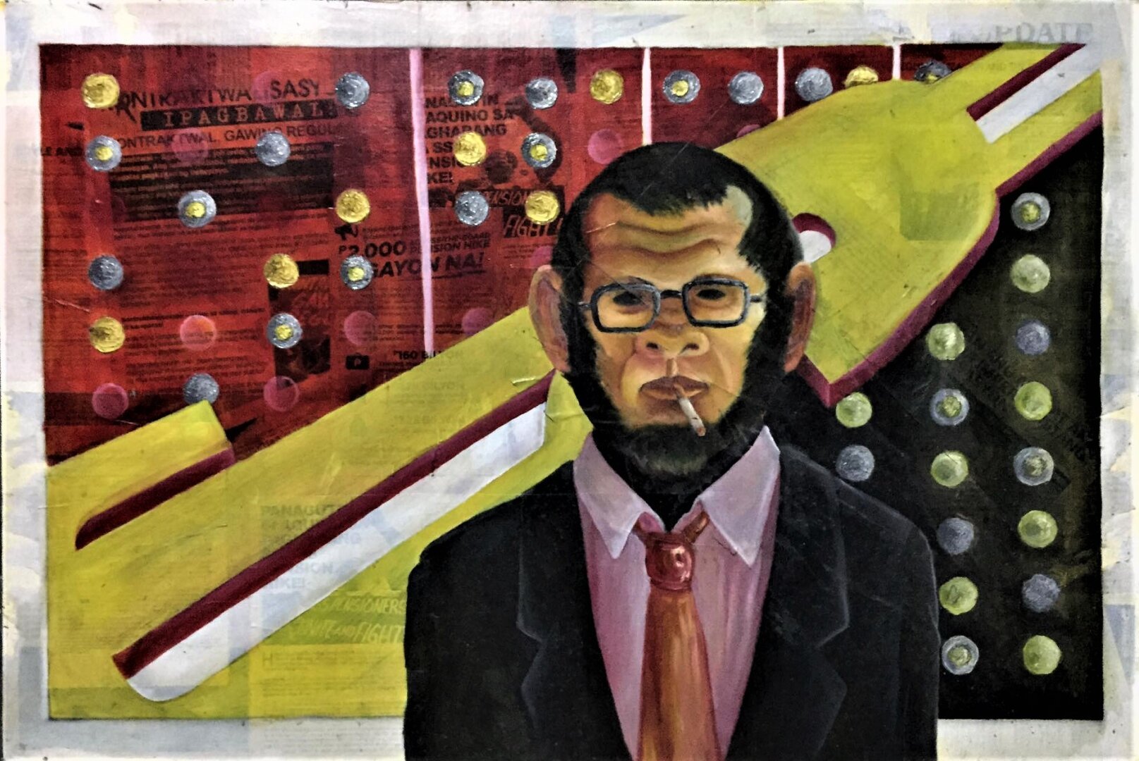 oil painting na may monkey-like creature sa lower right side na naka-damit ng suit and tie smoking sigarilyo.  background is divided diagonally into two parts, upper left is color red while lower right is black; both sides with circular figures patterned after philippine peso coins