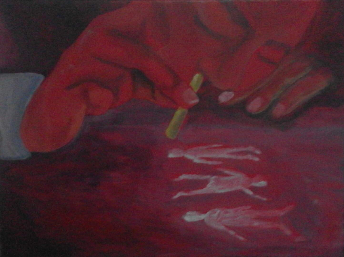 Acrylic painting of a human figure snorting other human-like figures, rendered only in white paint obscuring their identities, laying on the ground