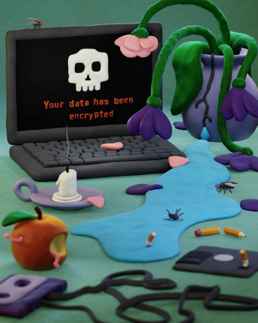 A modern vanitas image modeled in clay:
In the background is a laptop with a skull on its display and the words “your data has been encrypted.” Next to it is a cracked vase with water running out and wilting flowers.
An extinguished candle can be seen. In front of it lies an audio cassette with the tape pulled out and knotted. A broken pencil lies in the middle. Cigarettes have been stubbed out on a floppy disk. In the foreground of the picture lies a bitten apple with worms coming out of it. Several flies are sitting in the scene