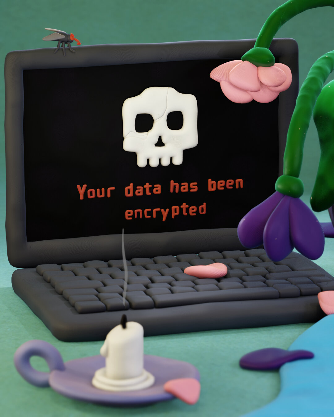 detail showing the laptop and candle