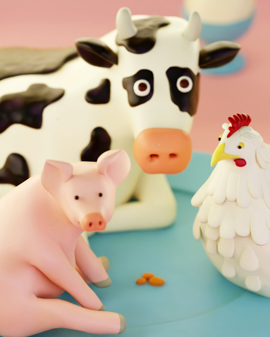 Detail of the previous illustration showing the animals on the plate looking towards the viewer.