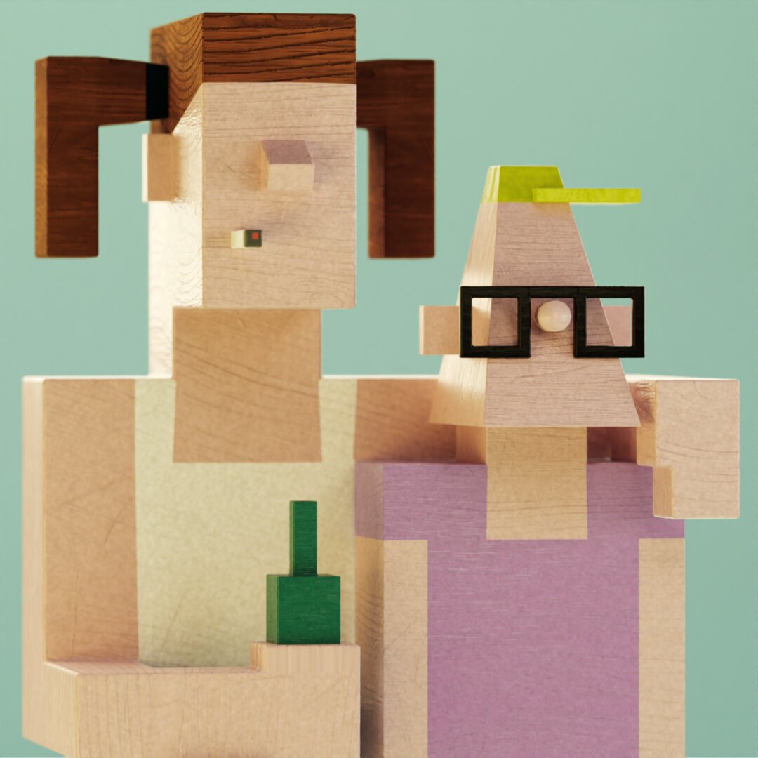 The image shows a 3D rendering of two figures made of wood. One is taller than the other, has a cigarette butt in the corner of her mouth, wears two red pigtails, holds a beer in her hand and puts her arm around the shoulder of the other figure. The other is narrower-shouldered, with a broad chin, wearing a pink T-shirt, cap and horn-rimmed glasses.