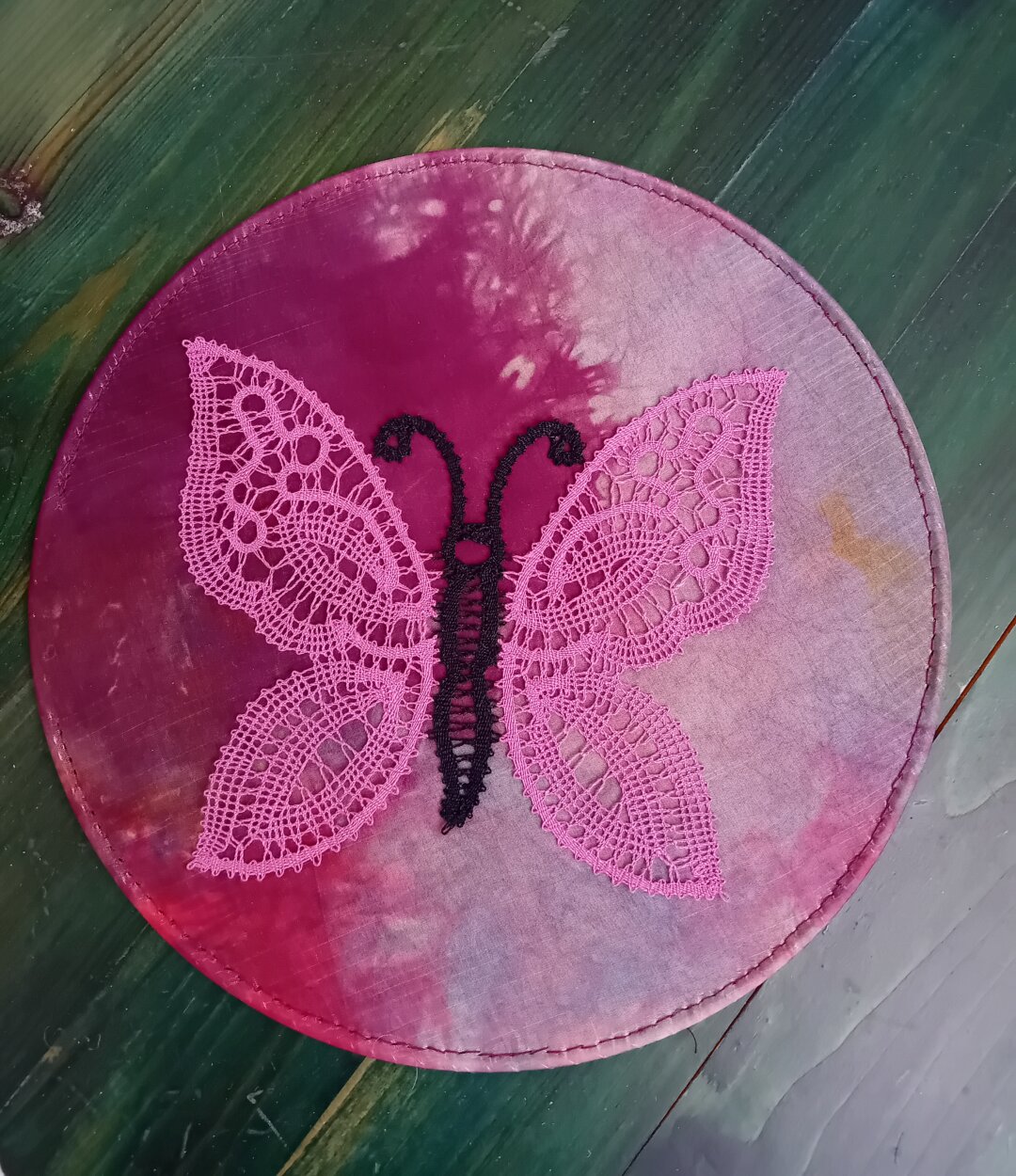 Bobbin lace butterfly on silk frame
