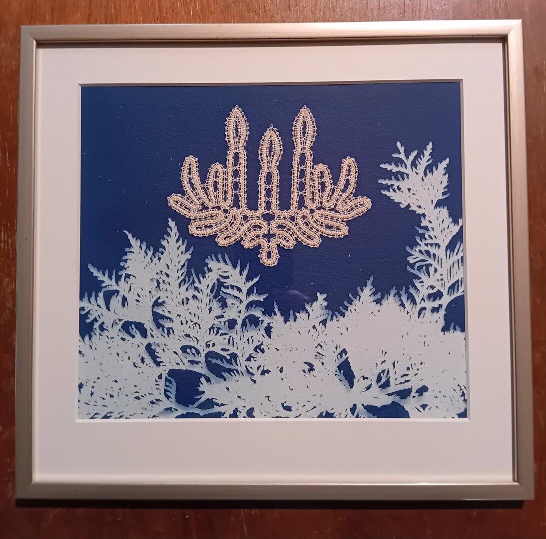 Cyanotype print with bobbin lace