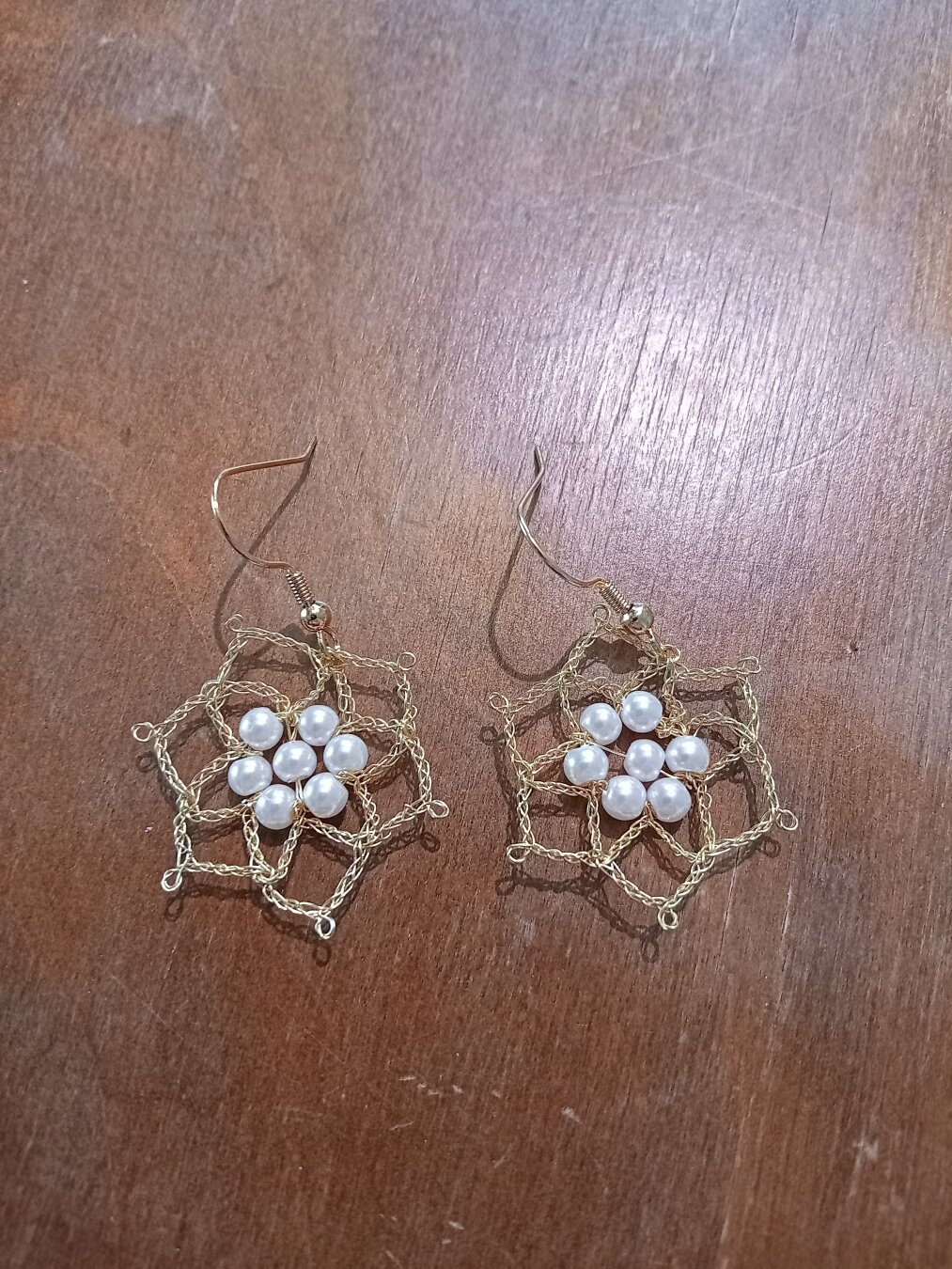 Wire lace earrings, golden flowers