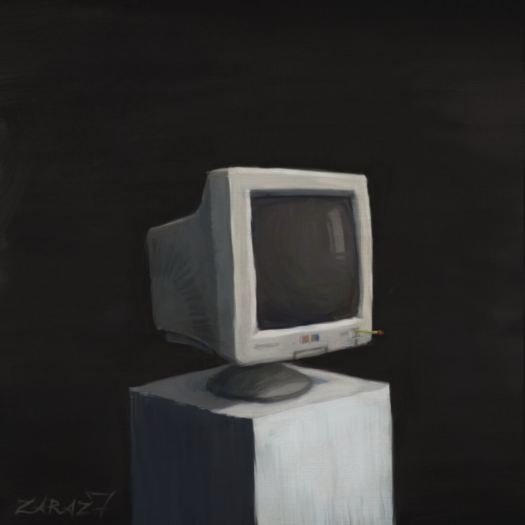 The image shows an old computer monitor standing on a white pedestal. The screen of the monitor is dark, with a blank or distorted image, creating a sense of old age. An interesting detail: there is a match sticking out of one of the monitor's buttons, giving the image an absurd and somewhat disturbing element. The monitor has the characteristic shape of an older model with rounded corners and considerable volume. Multicolored stripes resembling a logo are visible on the front panel. The background of the picture is dark and mysterious, almost black, which emphasizes the minimalist atmosphere. Overall, the image evokes associations with the cover of The Caretaker - An Empty Bliss Beyond This World album, creating an atmosphere of abandonment, old memories and nostalgia.