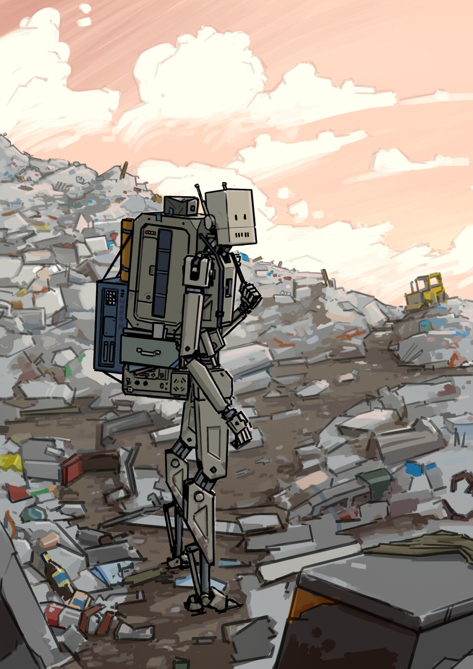 The image shows a robot walking through a landfill. Various waste, boxes, garbage, and machinery are scattered around. The robot looks like a humanoid, but with angular shapes and antennae on its head. On his back is a backpack, possibly with equipment.

The scene is decorated in a stylized manner, digital illustration. The sky is painted in the delicate colors of sunset or dawn.