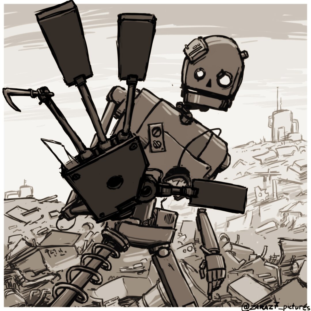 The picture shows a robot standing in the middle of a scrap yard. Its appearance is assembled from various, obviously random and found parts — it seems that it is literally constructed from debris. He leans forward and holds out his hand to the viewer, as if trying to attract attention or greet.

This hand is particularly expressive: it consists of a broken palm, where the fingers are replaced by dissimilar objects. One finger is a sharp metal hook, the other is a piece of glass. The whole structure looks unstable, but functional. The robot's body is also heterogeneous: its chest is a flat metal plate with buttons, sensors and wires, and its legs consist of springs and hinges. His head resembles a skull with empty eye sockets and a rectangular mouth, and a part like a board or patch is screwed to it.

The background is littered with machinery and building debris, creating the atmosphere of a post-apocalyptic landfill. Silhouettes of other cars or structures can be seen on the horizon.