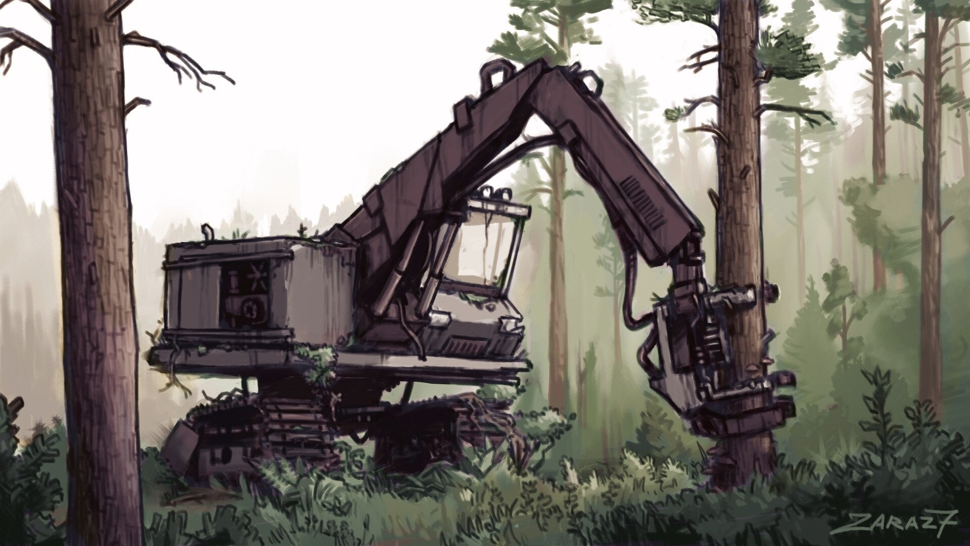 A forest landscape with a massive tree felling machine - harvester. The machine stands among tall pine trees. Its design resembles a hybrid of an excavator and an industrial manipulator: a large tracked platform, with an operator's cabin on top, from which a long mechanical arm extends. At the end of this arm is a specialized gripper that wraps around the tree, preparing to either cut or hold it.

An interesting detail is that the machinery looks abandoned and partially overgrown with vegetation. There are plants sticking out of the machine, moss covering its top, and undergrowth sprawling around it. The atmosphere is calm, a bit foggy, with soft light shining through the trees.