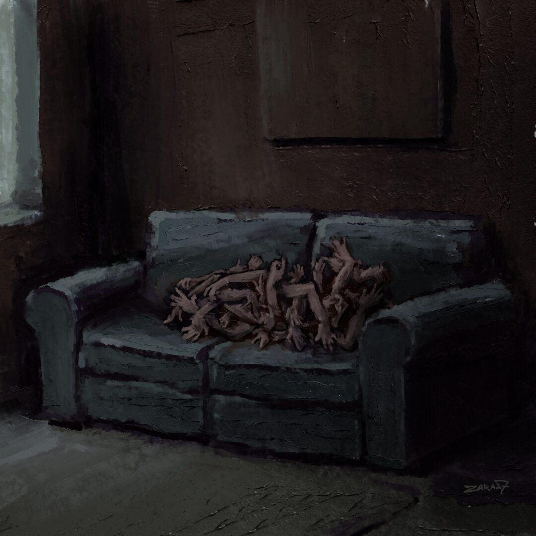 This image shows a dark, gloomy room, lit only by the faint light from the window on the left. In the center is a couch on which, instead of a cushion or a person, lies a tangle of human hands.

These arms are twisted in different directions - some reaching outward, others pressed against the body, as if struggling with each other or trying to escape. Nobody is visible - only limbs, and that makes it especially disturbing: these are not just victims, but a creature made up of countless arms.

The room is dark, almost empty, with peeling walls. The atmosphere of stillness and desolation makes the scene even more oppressive. It's not just a nightmare - it's a sense of frozen horror that has permeated the everyday environment.