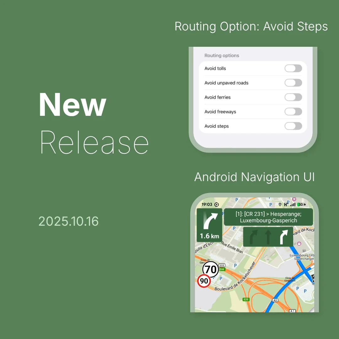 On the left "New Release 2025.10.16". On the right top "Routing Option: Avoid Steps" with screenshot and right bottom "Android Navigation UI