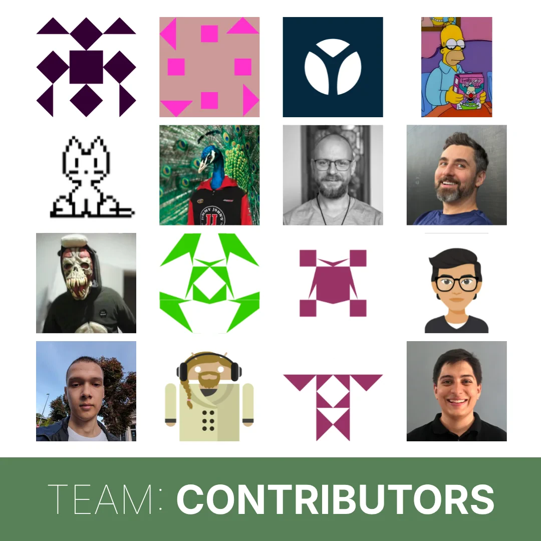 Profile pictures of people in a 4 by 4 grid. Pictures include random shapes, real photos, or other types of pictures.