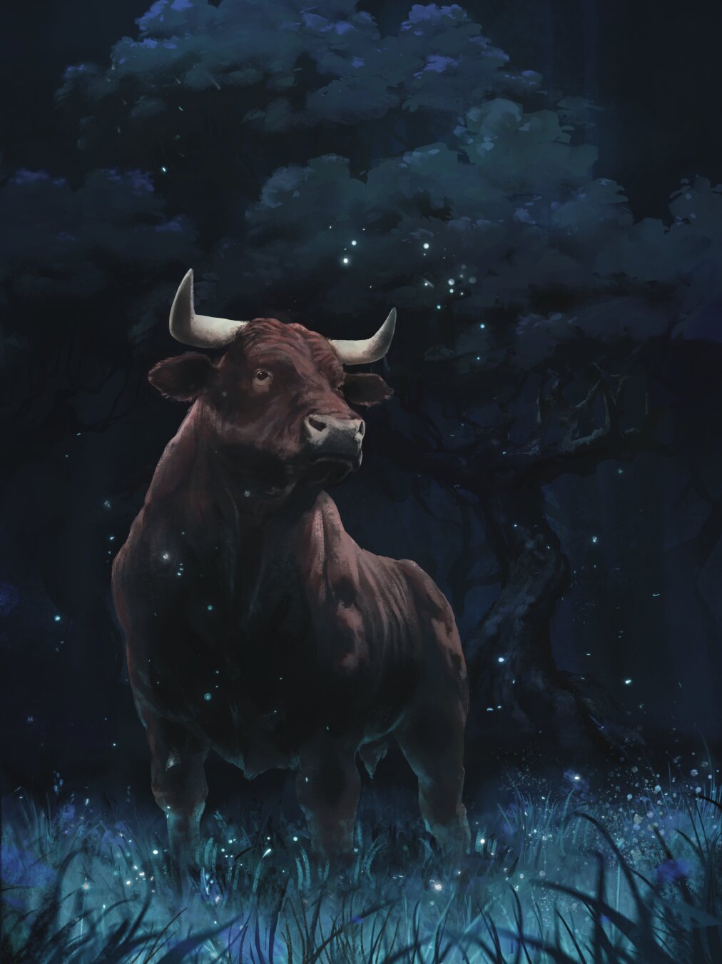 Illustration of a bull in a meadow at nighttime, lit by the moon and surrounded by fireflies. There is a forest in the background