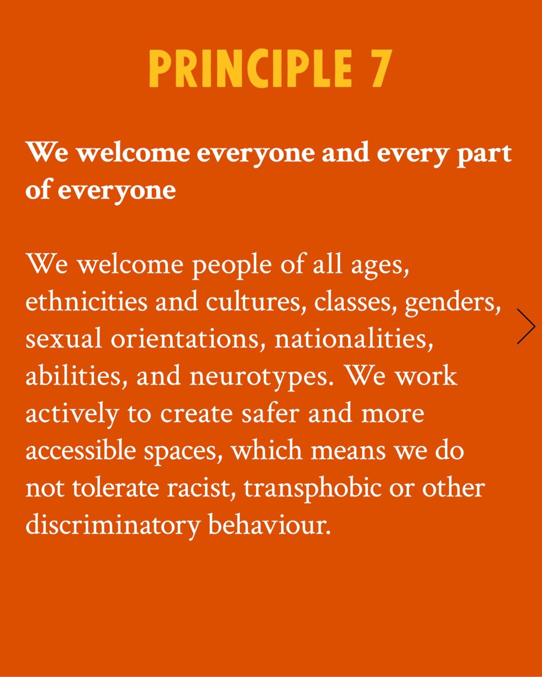 Principle 7: We don't only specify a variety of backgrounds welcome in our organisation, we also assert our mission to actively speak up against any kind of discrimination within it.
