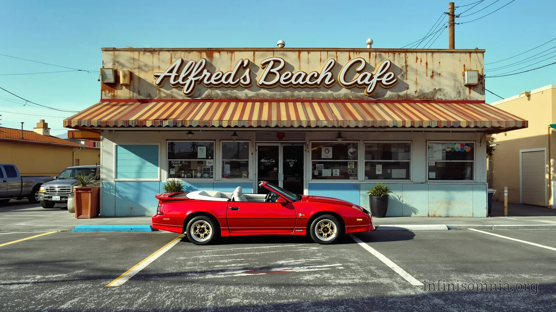 A somewhat run-down beach café in San Francisco: the façade is dirty, the paint is peeling, and the awning is filthy. A red Firebird is parked in front of the café.
