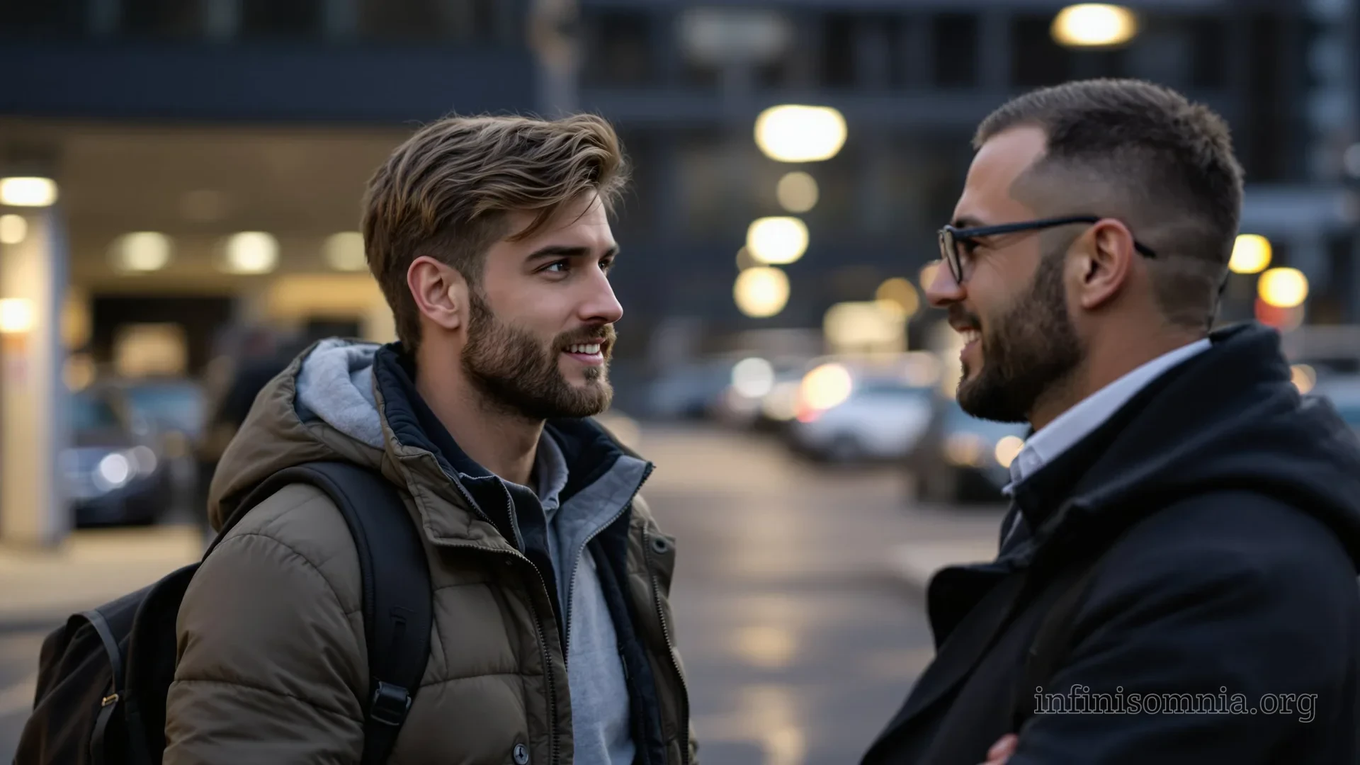 In the parking lot of a car dealership. A young man with stubble is chatting with his boss, a man in a business suit.