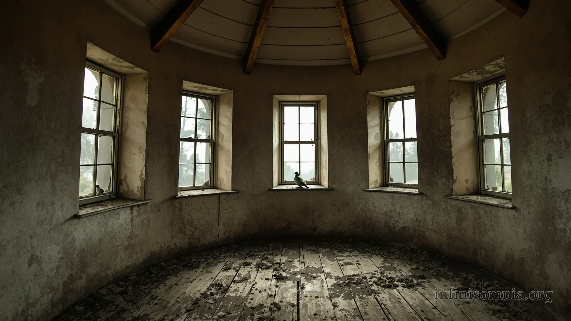 An old tower room with several windows. It looks dirty. Some of the windows are broken. A pigeon is sitting on a windowsill.