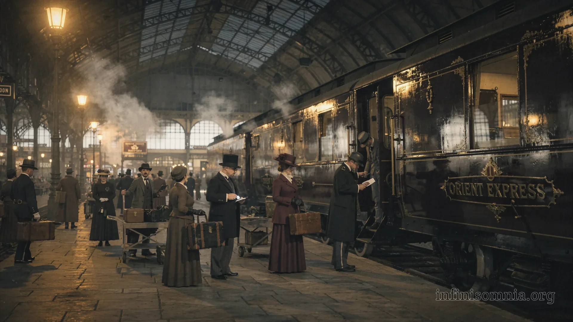 Orient Express train cars on the platform of a station concourse. Passengers with luggage are getting on and off. The people are wearing clothing from the early 20th century.