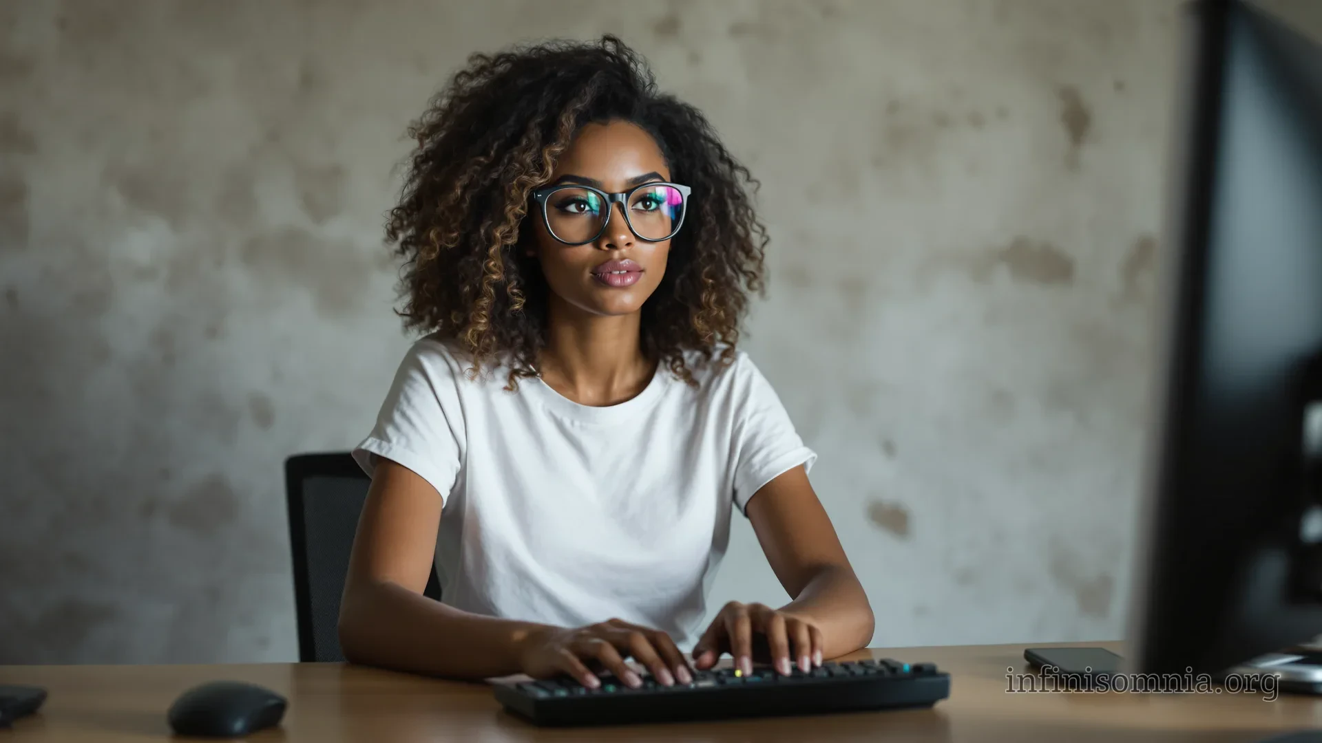 In a modern industrial-style room, a woman sits at a desk typing on a keyboard while watching the monitor.
