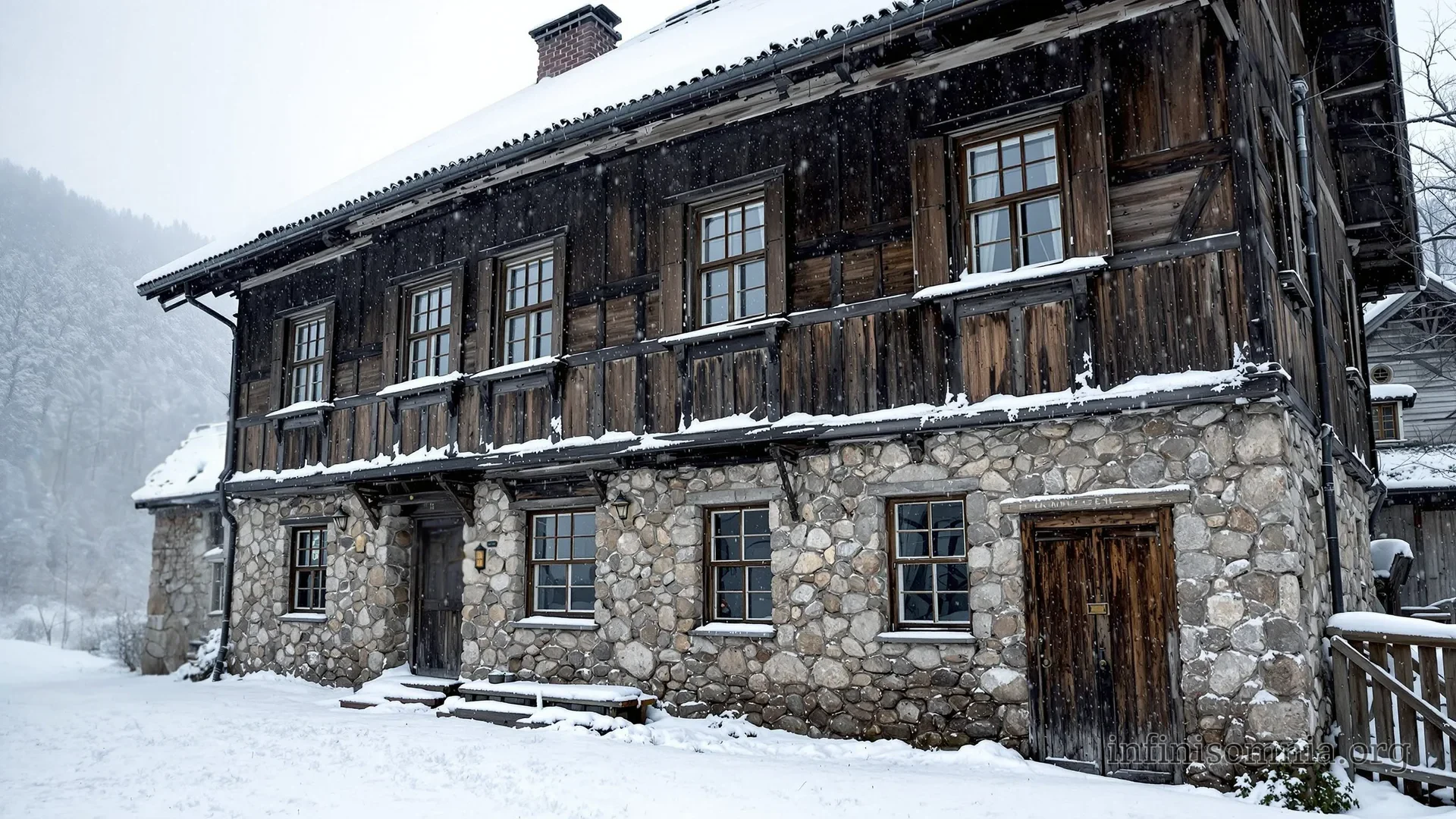 An old house in a deeply snow-covered, mountainous landscape. The ground floor is built of rough fieldstones, topped by another story of dark wood and a roof. It's snowing lightly, the air is somewhat foggy and cold.