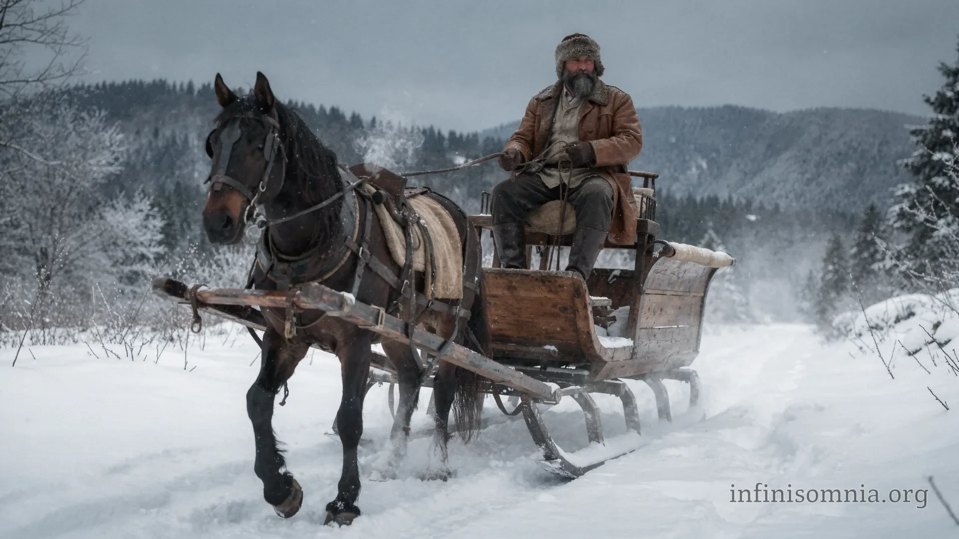 A winter landscape with deep snow. An old man sits on the front of a wooden sled. He wears thick clothes and a fur hat. A horse pulls the sled slowly through the snow.