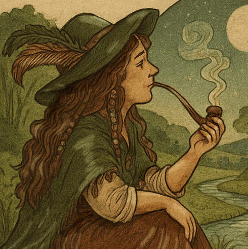 Picture of a brunette female hobbit in a classic fairytale illustration art style. She is wearing a large green hat with feathers attached to it, a green cloak, linen blouse, and brown trousers. She is smoking sage and rose leaves in a wooden pipe while looking at the blue sky.