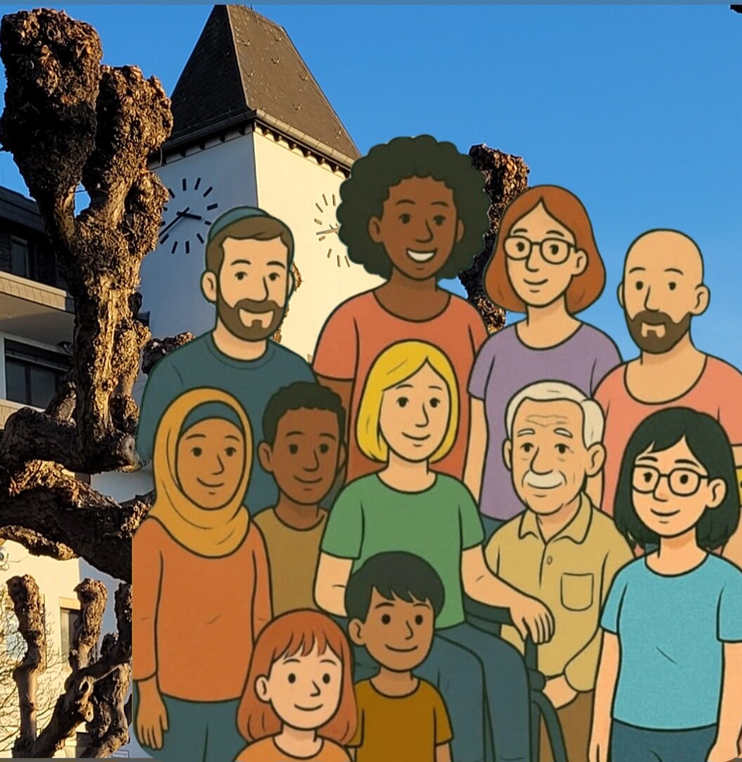 Foto Porzer Rathaus. Davor gezeichnet alte und junge Menschen unterschiedlichen Aussehens