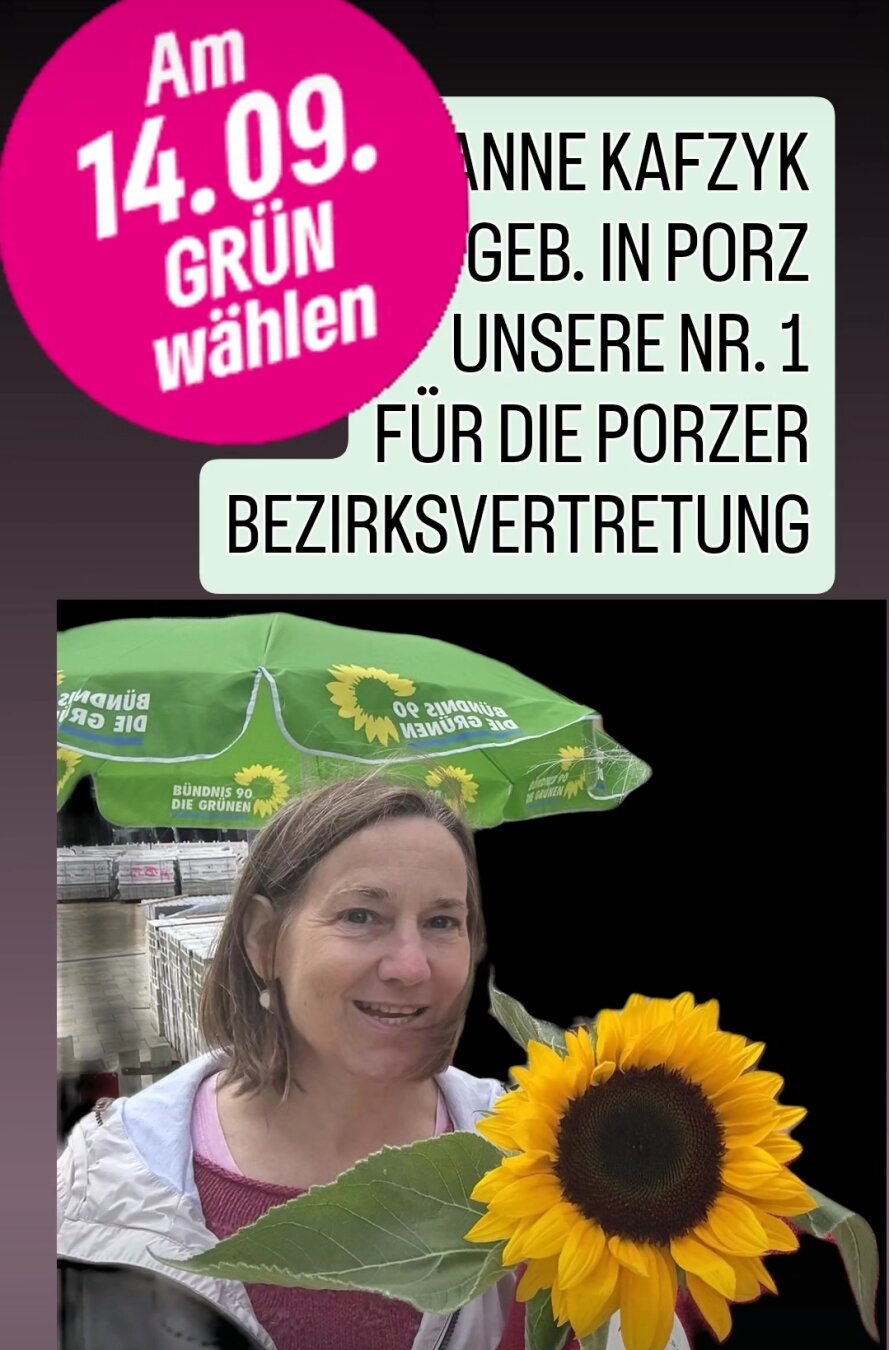 Anne mit Sonnenblume unter grünem Schirm