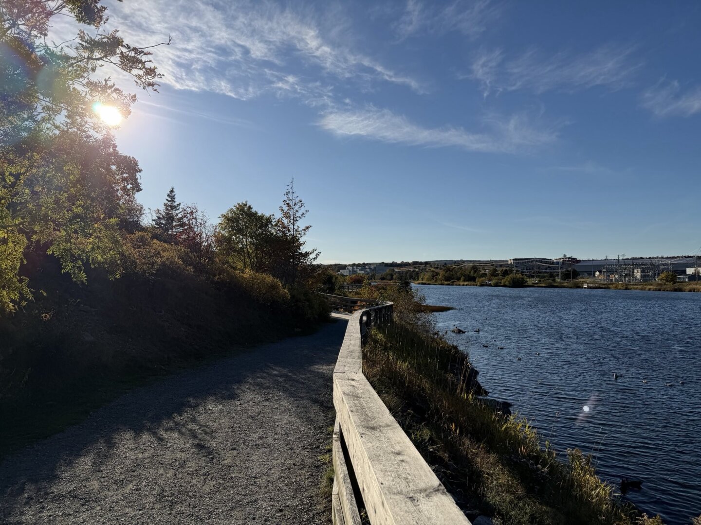 A gravel path along Quidi Vidi Lake on a sunny fall day