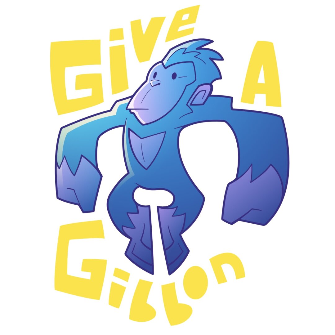 An angular vector illustration of an ape surrounded by the text, ‘give a gibbon’