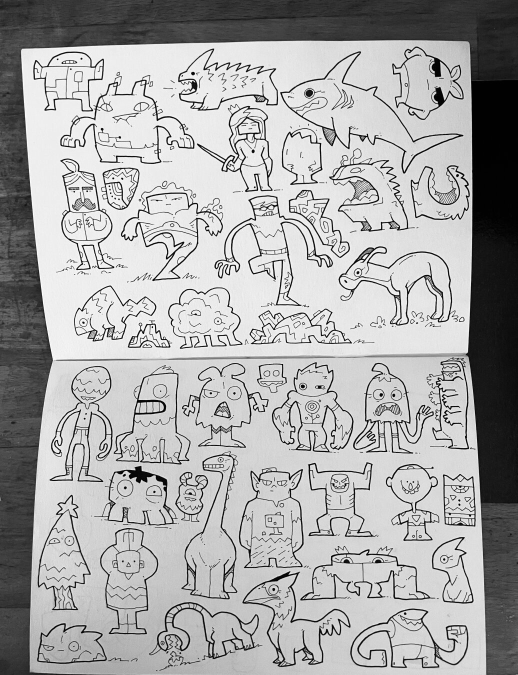 Freehand pen doodles in a sketchbook