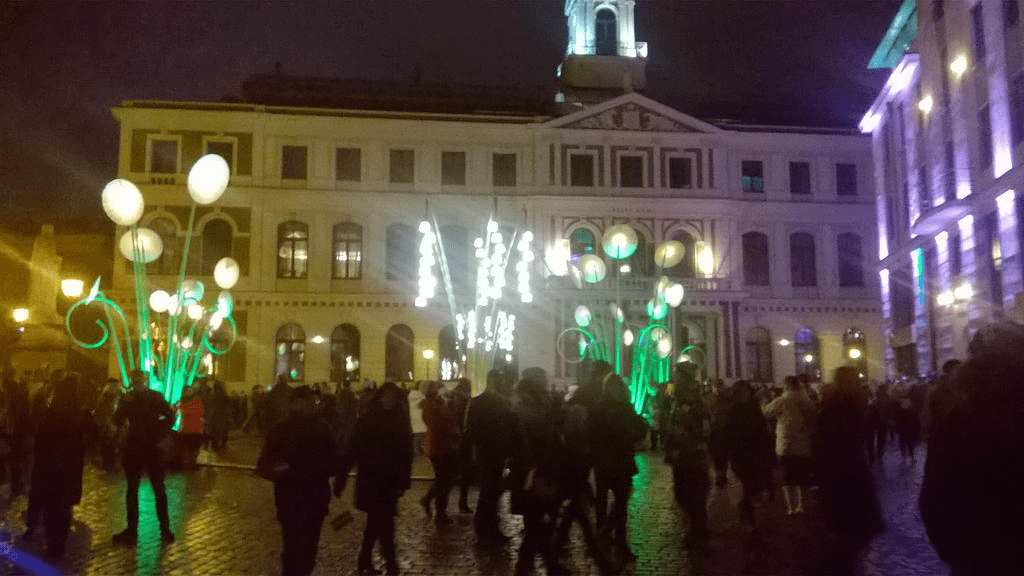 Town Hall Square, with light art installations in the shape of flowers