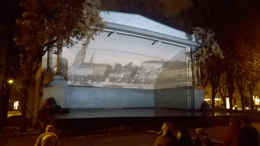 Still from a clip of Old Riga from the other side of the Daugava, slightly yellowed from being old film