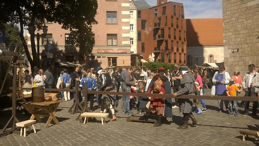 St. Peters Church square, with people milling about the area