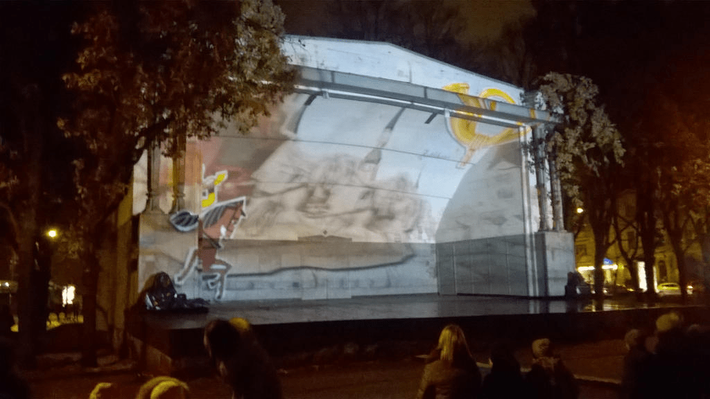 Cutout of a horse appears over a painting of medieval Riga