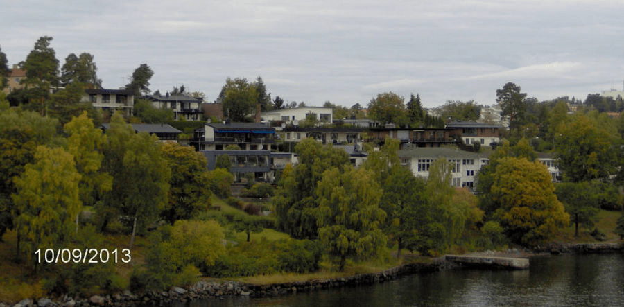 Several homes on a forested island