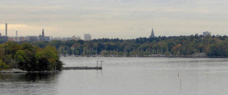 Photo of Stockholm, from the bay, with visible docks in the distance
