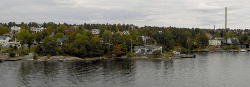 Numerous homes between the trees, with visible docks in the water