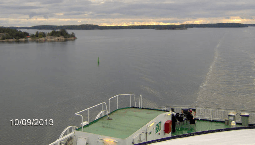Shot from the cruise ship, a floor up, looking out to the bay, with islands in the distance