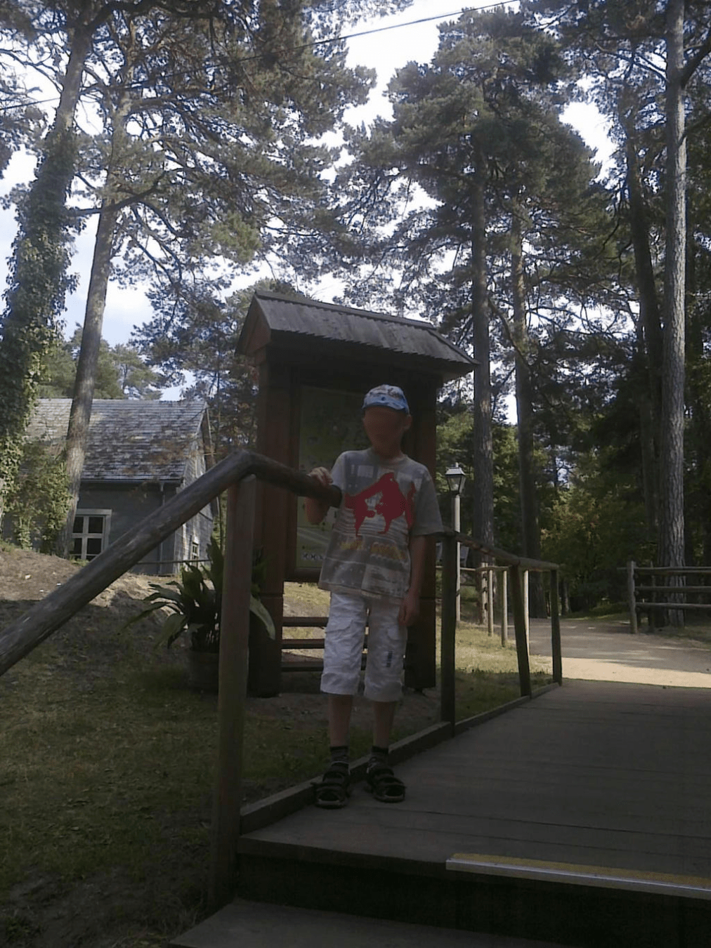 Young boy atop of the wooden staircase of the station