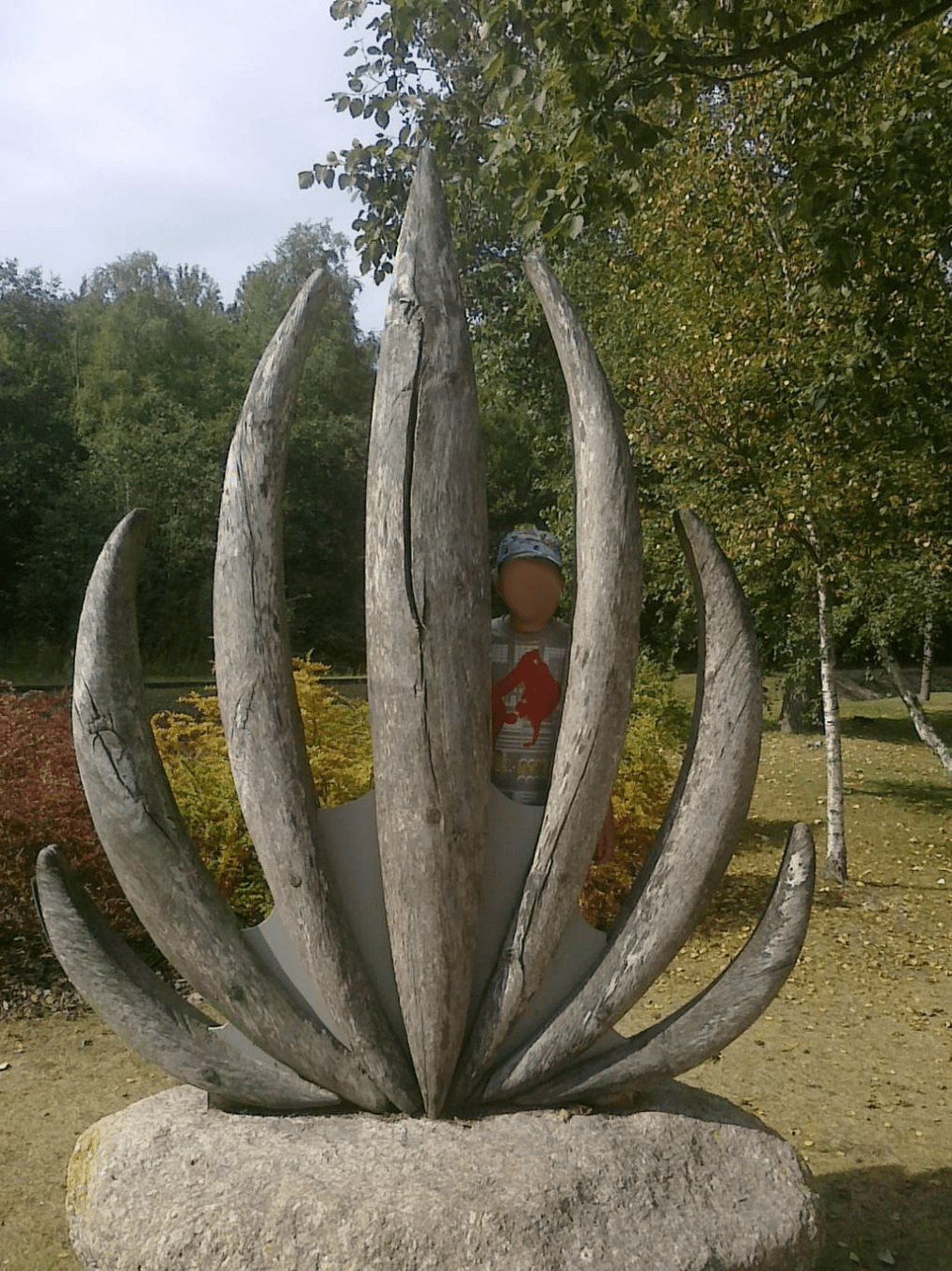 Young boy behind a wooden art installation attached to a stone in the park