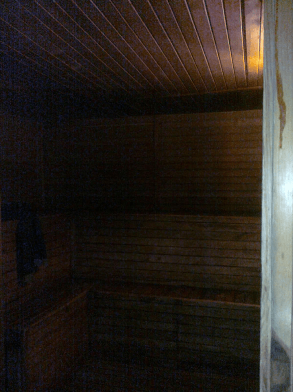 Shadowed wooden sauna inside of the cabin