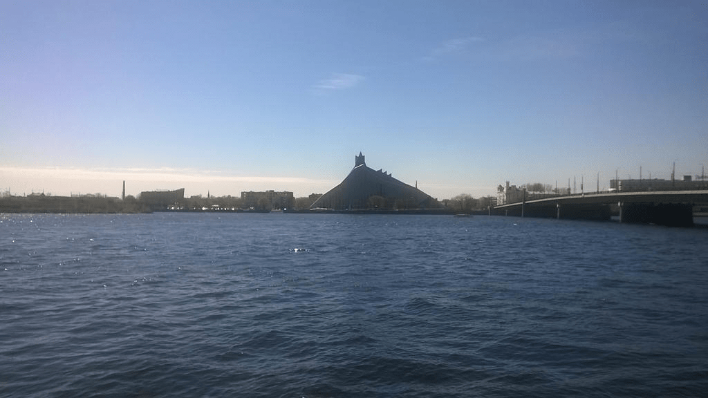 Photo taken across of the Daugava, with the Latvian National Library visible across the river.