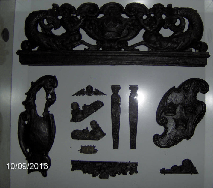 Wooden elements from the Vasa, wood darkened to near black