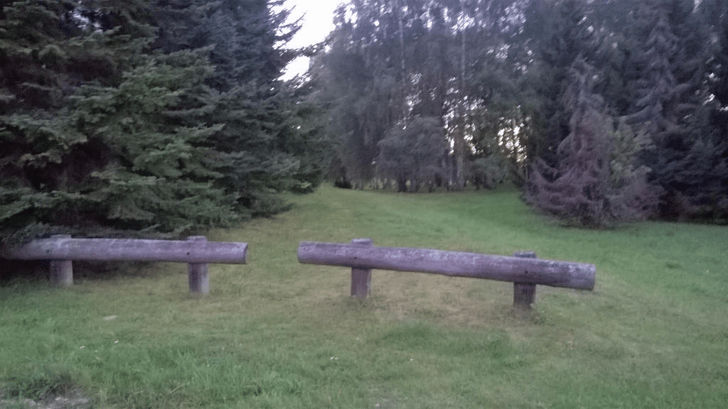 A path in the grass, blocked by wooden barriers, to prevent cars from going inside of the rest area